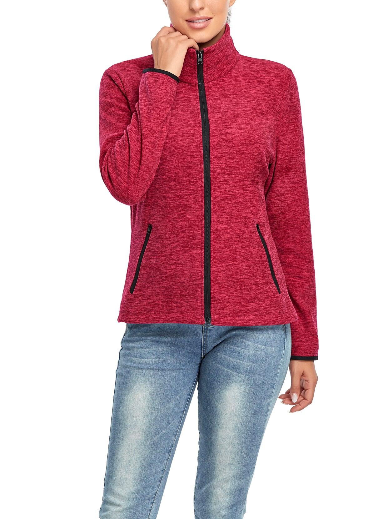 Ladies Winter Fleece Jacket- 🔥SO® Rose Red Fleece Jacket Coat with Full Zip Long Sleeve Athletic Running Jacket Stand Collar Windbreaker Outwear with Pockets