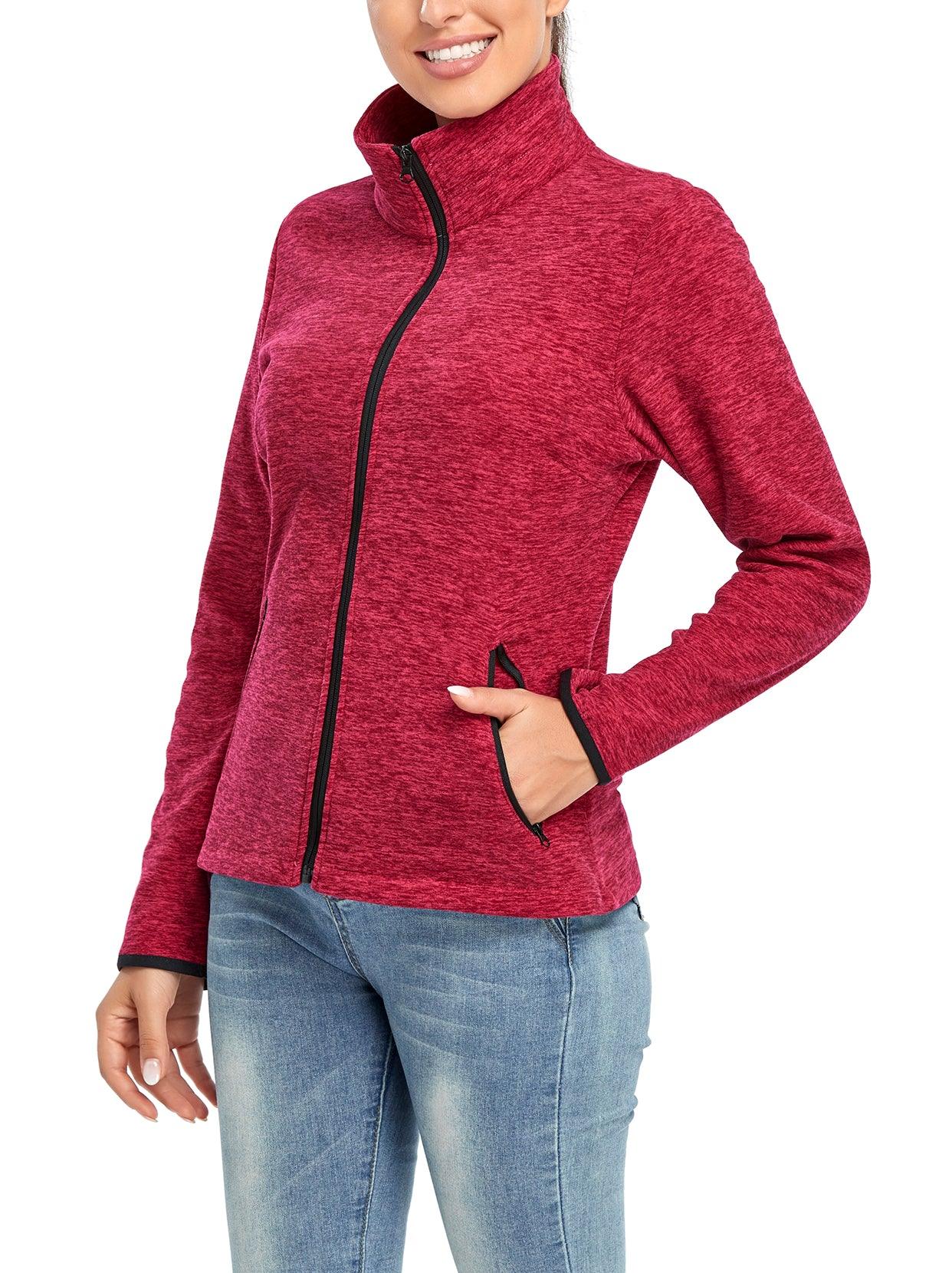 Ladies Winter Fleece Jacket- 🔥SO® Rose Red Fleece Jacket Coat with Full Zip Long Sleeve Athletic Running Jacket Stand Collar Windbreaker Outwear with Pockets