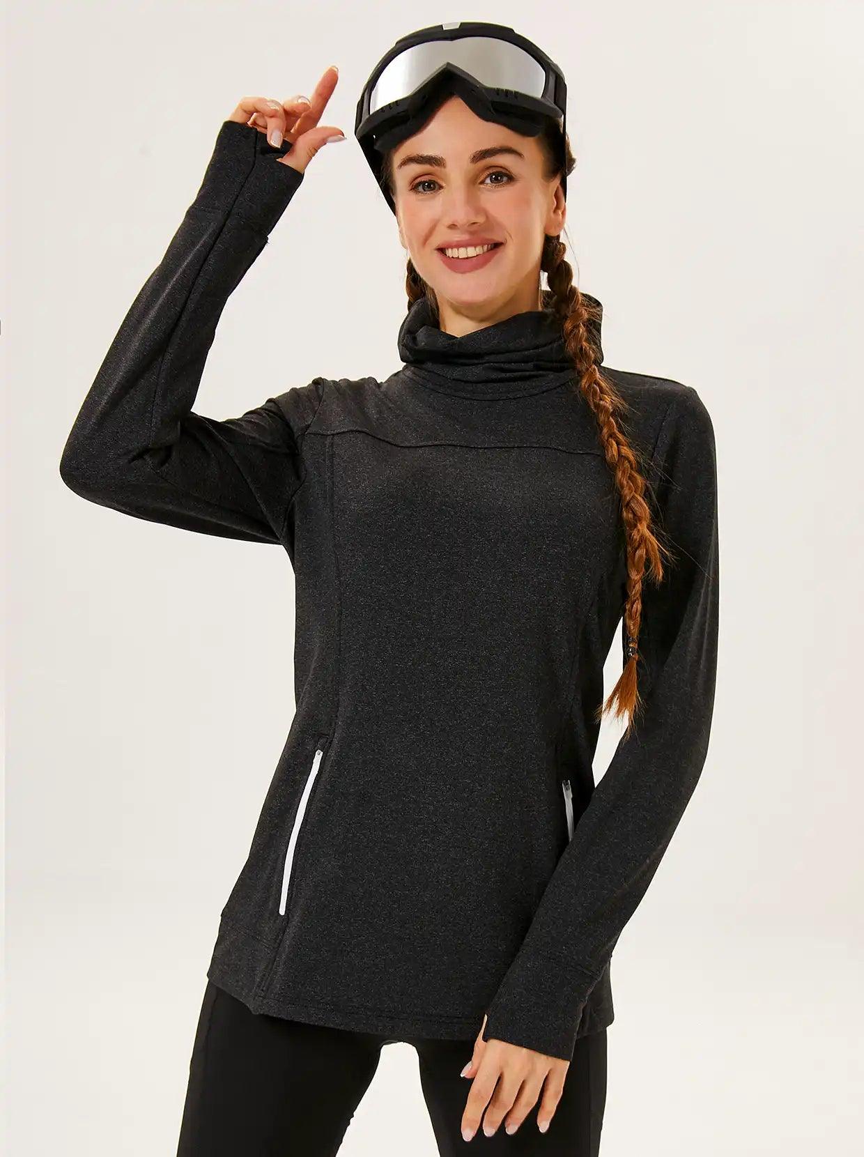 Black Thermal Cowl Neck Fleece Pullover - Suitable for Running