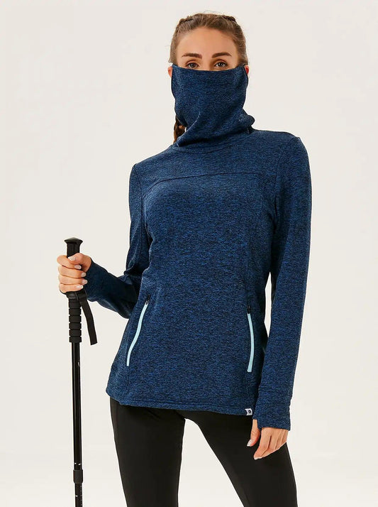 Blue Thermal Cowl Neck Thermal Fleece Pullover