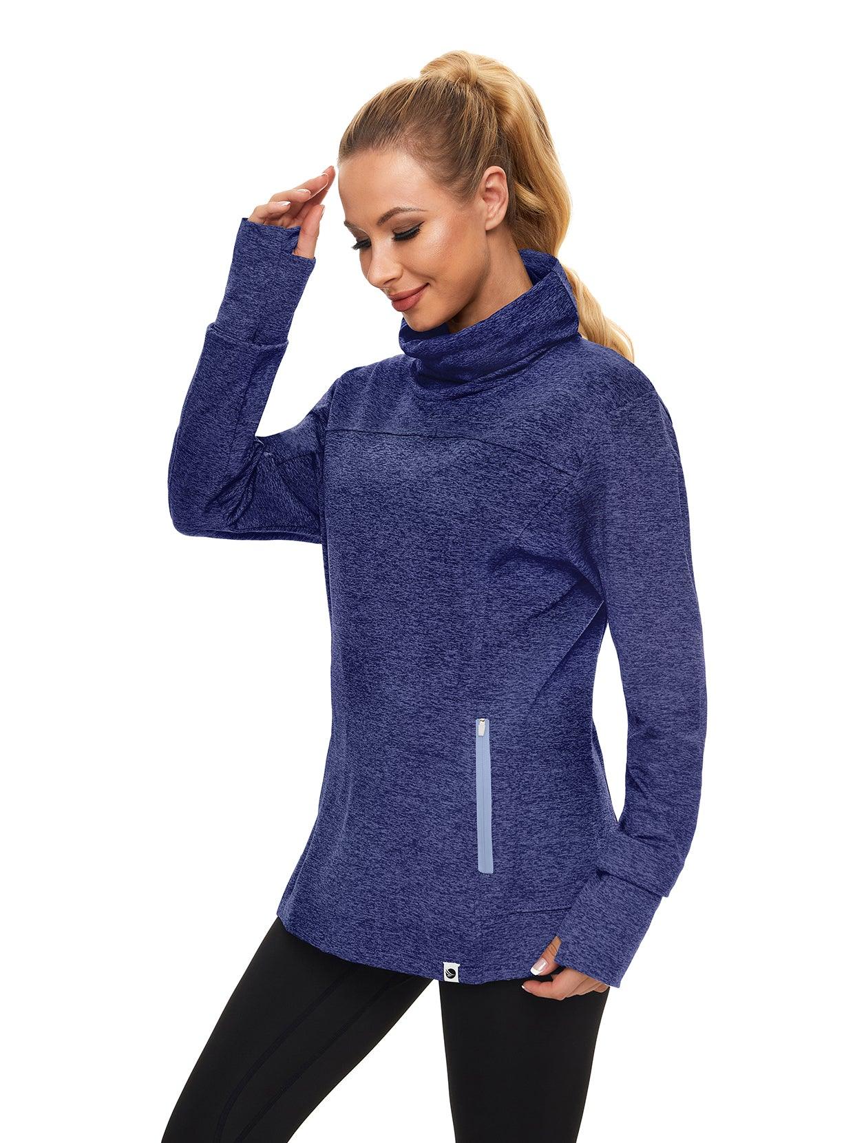 Women's Thermal-Dark Blue Running Fleece Sweatshirts Cowl Neck Thermal Pullover Long Sleeve Shirt with Light Blue Zip Pocket and Neck Gaiter Face Mask