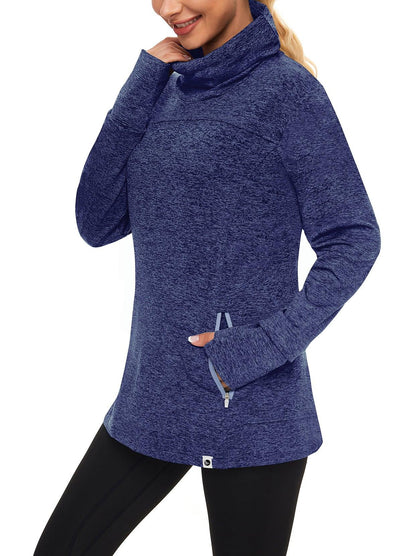 Women's Thermal-Dark Blue Running Fleece Sweatshirts Cowl Neck Thermal Pullover Long Sleeve Shirt with Light Blue Zip Pocket and Neck Gaiter Face Mask