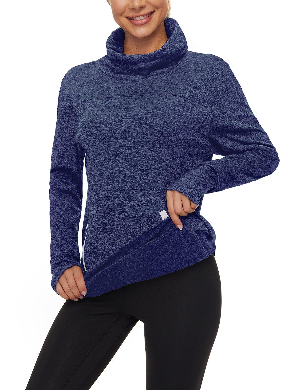 Women's Thermal-Dark Blue Running Fleece Sweatshirts Cowl Neck Thermal Pullover Long Sleeve Shirt with Light Blue Zip Pocket and Neck Gaiter Face Mask