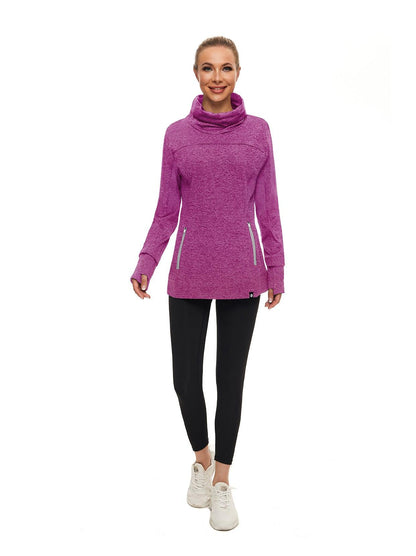 Women's Thermal-🌞SO® Dark Purple Running Fleece Sweatshirts Cowl Neck Thermal Pullover Long Sleeve Shirt with White Zip Pocket and Neck Gaiter Face Mask