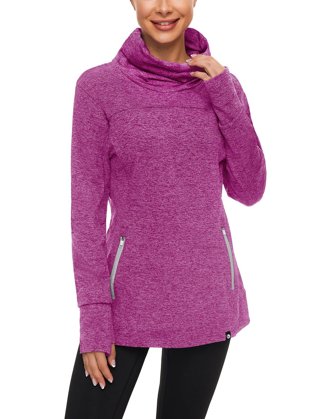 Women's Thermal-🌞SO® Dark Purple Running Fleece Sweatshirts Cowl Neck Thermal Pullover Long Sleeve Shirt with White Zip Pocket and Neck Gaiter Face Mask