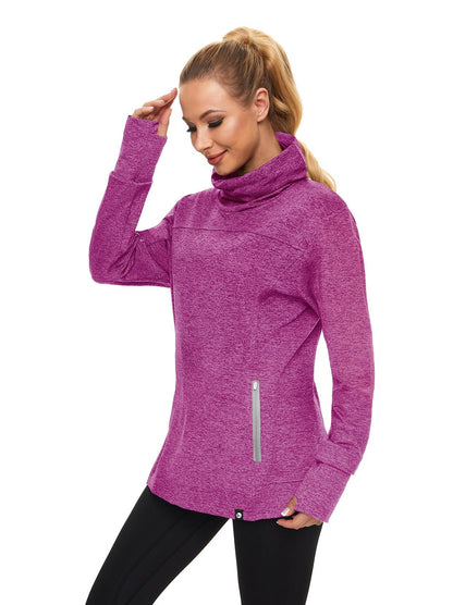 Women's Thermal-🌞SO® Dark Purple Running Fleece Sweatshirts Cowl Neck Thermal Pullover Long Sleeve Shirt with White Zip Pocket and Neck Gaiter Face Mask