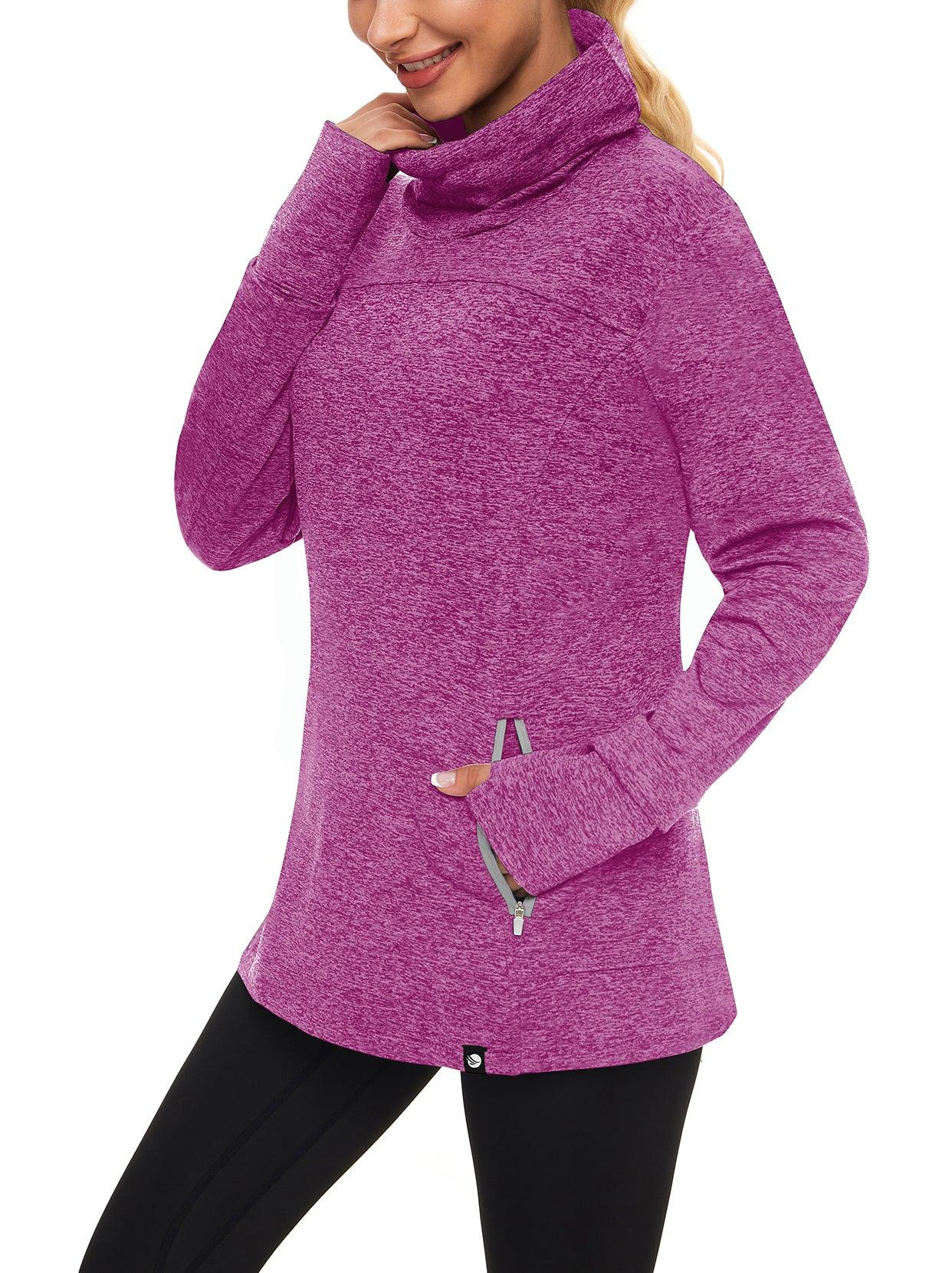 Women's Thermal-🌞SO® Dark Purple Running Fleece Sweatshirts Cowl Neck Thermal Pullover Long Sleeve Shirt with White Zip Pocket and Neck Gaiter Face Mask