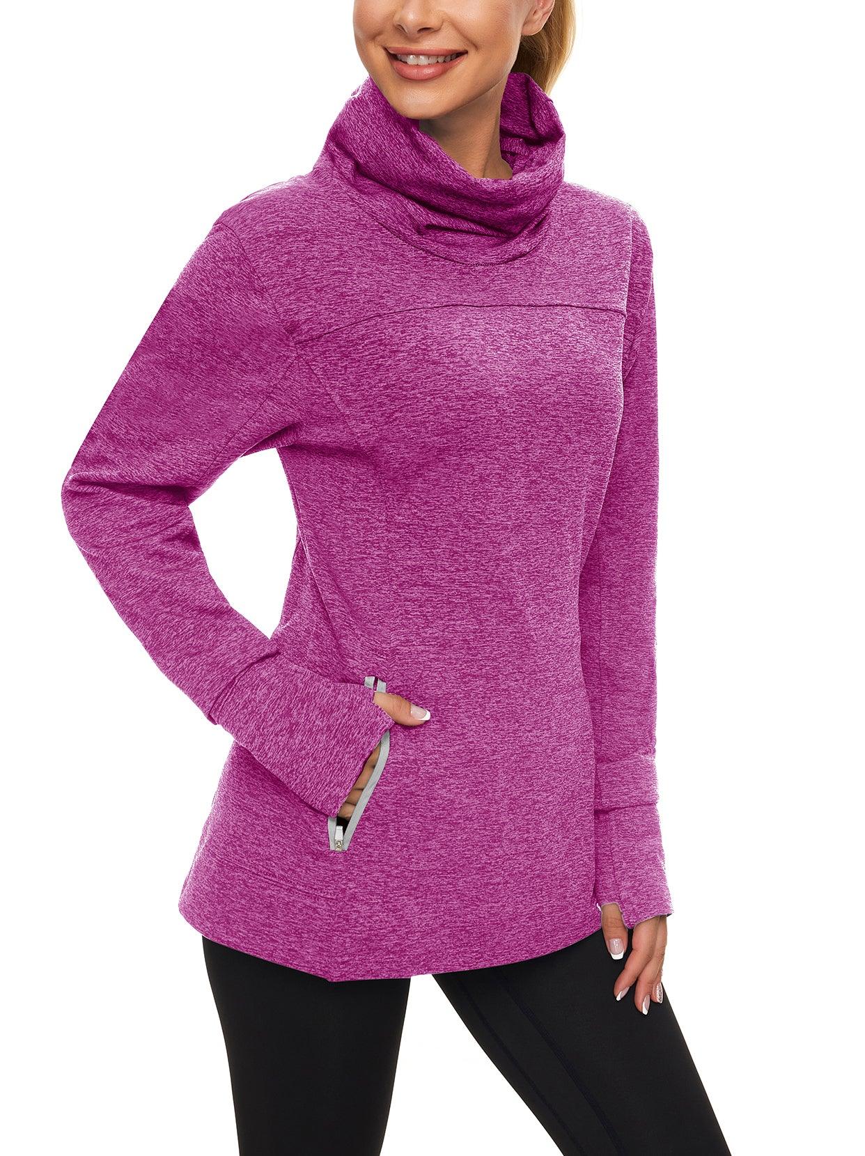 Women's Thermal-🌞SO® Dark Purple Running Fleece Sweatshirts Cowl Neck Thermal Pullover Long Sleeve Shirt with White Zip Pocket and Neck Gaiter Face Mask