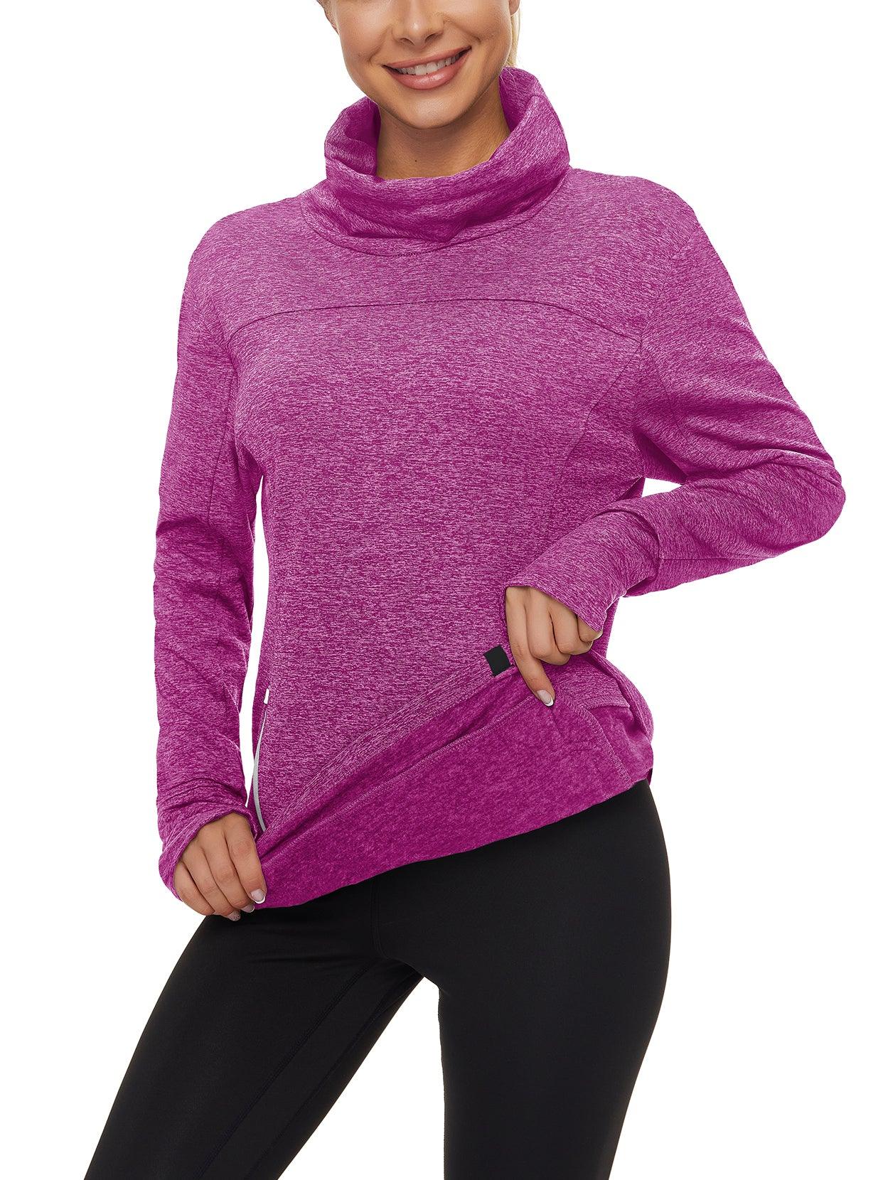 Women's Thermal-🌞SO® Dark Purple Running Fleece Sweatshirts Cowl Neck Thermal Pullover Long Sleeve Shirt with White Zip Pocket and Neck Gaiter Face Mask