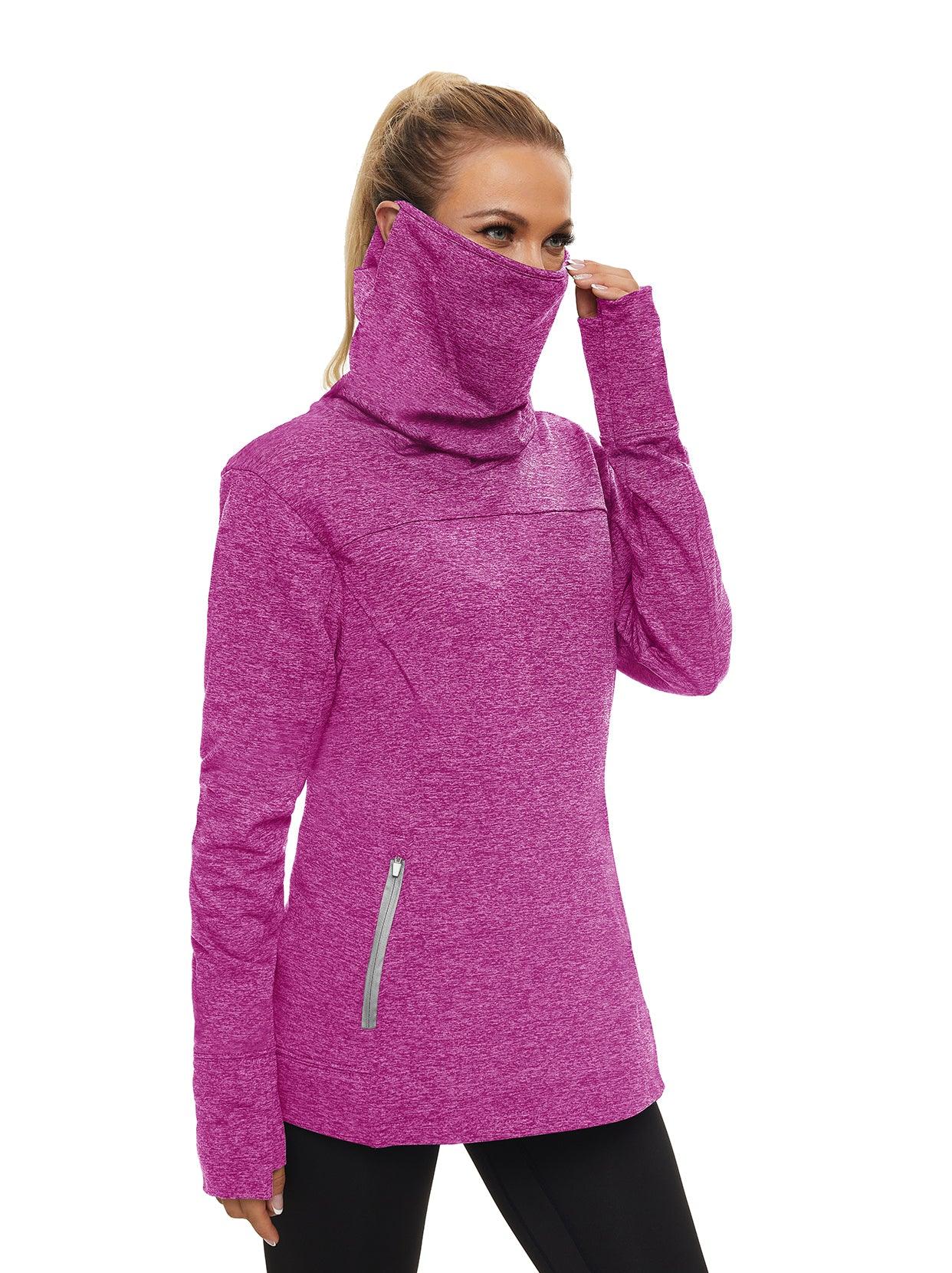 Women's Thermal-🌞SO® Dark Purple Running Fleece Sweatshirts Cowl Neck Thermal Pullover Long Sleeve Shirt with White Zip Pocket and Neck Gaiter Face Mask