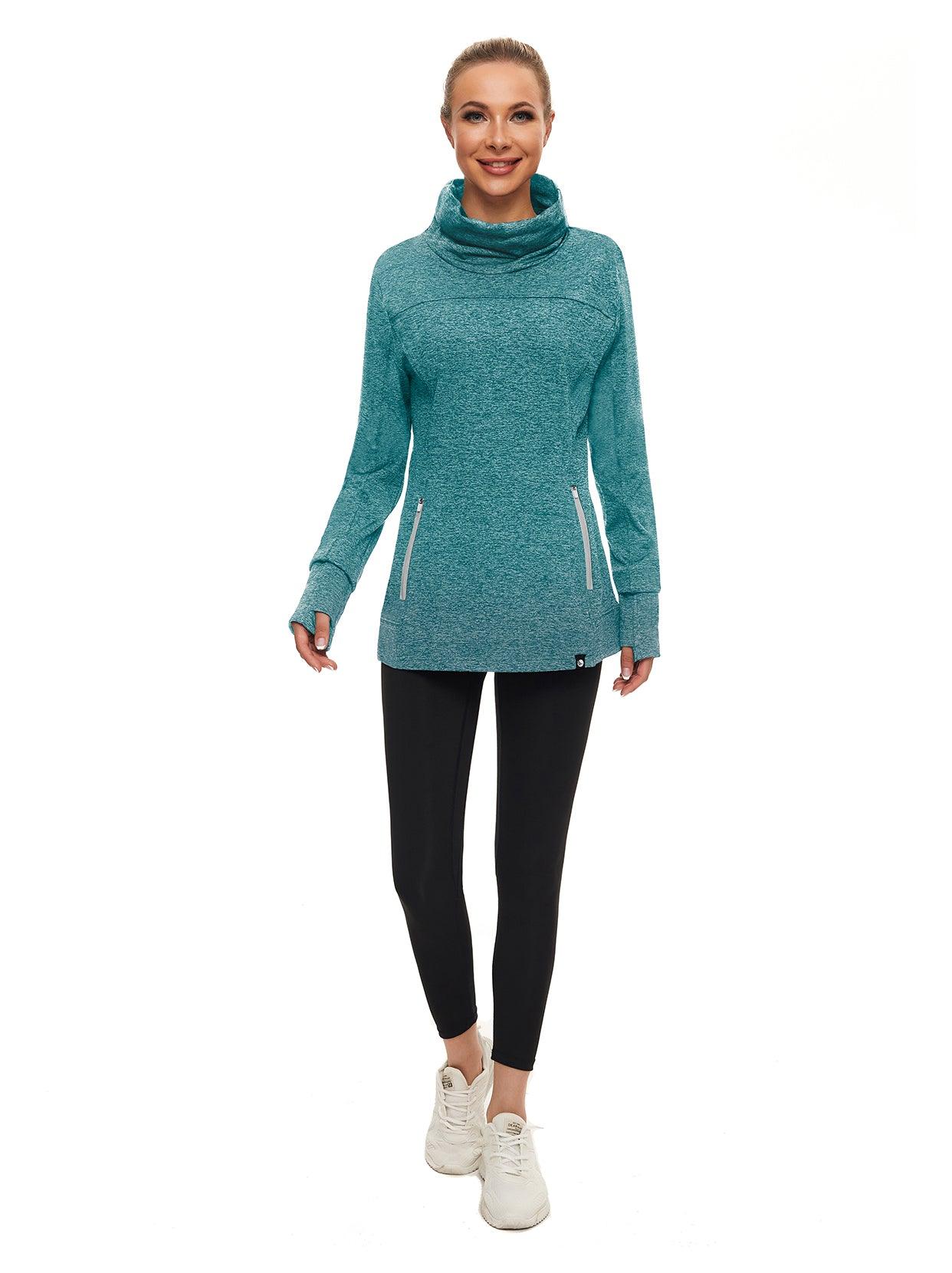 Women's Thermal-🌞SO® Peacock Blue Running Fleece Sweatshirts Cowl Neck Thermal Pullover Long Sleeve Shirt with Grey Zip Pocket and Neck Gaiter Face Mask