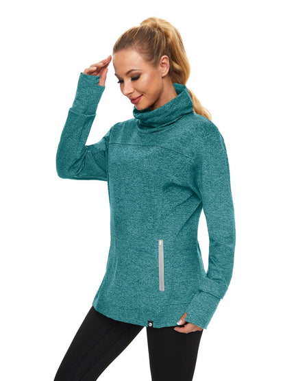 Women's Thermal-🌞SO® Peacock Blue Running Fleece Sweatshirts Cowl Neck Thermal Pullover Long Sleeve Shirt with Grey Zip Pocket and Neck Gaiter Face Mask