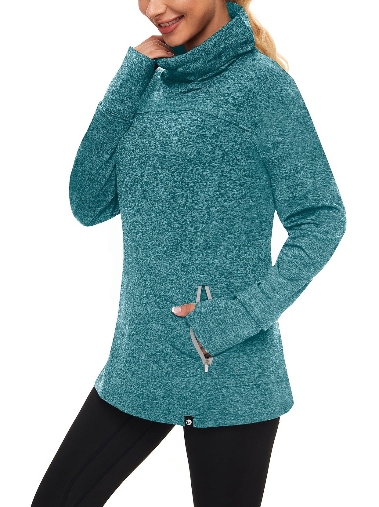 Women's Thermal-🌞SO® Peacock Blue Running Fleece Sweatshirts Cowl Neck Thermal Pullover Long Sleeve Shirt with Grey Zip Pocket and Neck Gaiter Face Mask