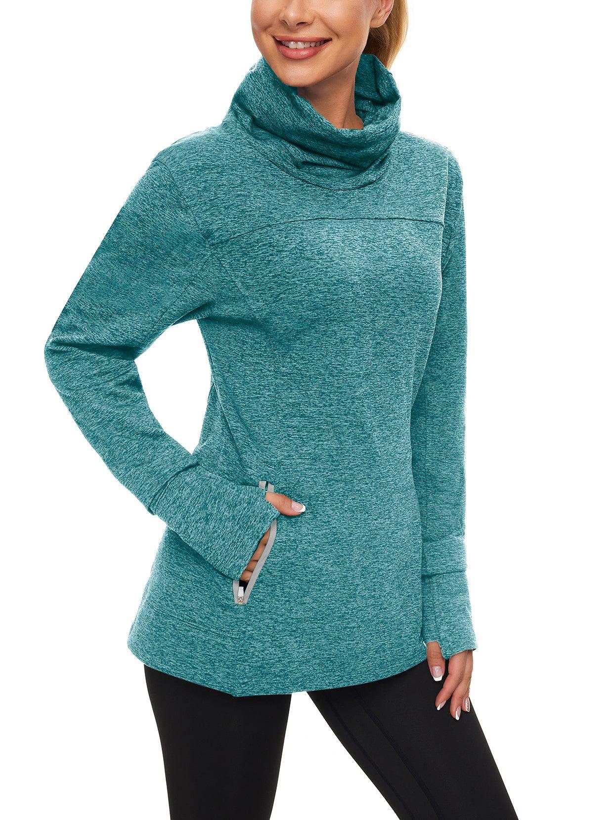 Women's Thermal-🌞SO® Peacock Blue Running Fleece Sweatshirts Cowl Neck Thermal Pullover Long Sleeve Shirt with Grey Zip Pocket and Neck Gaiter Face Mask