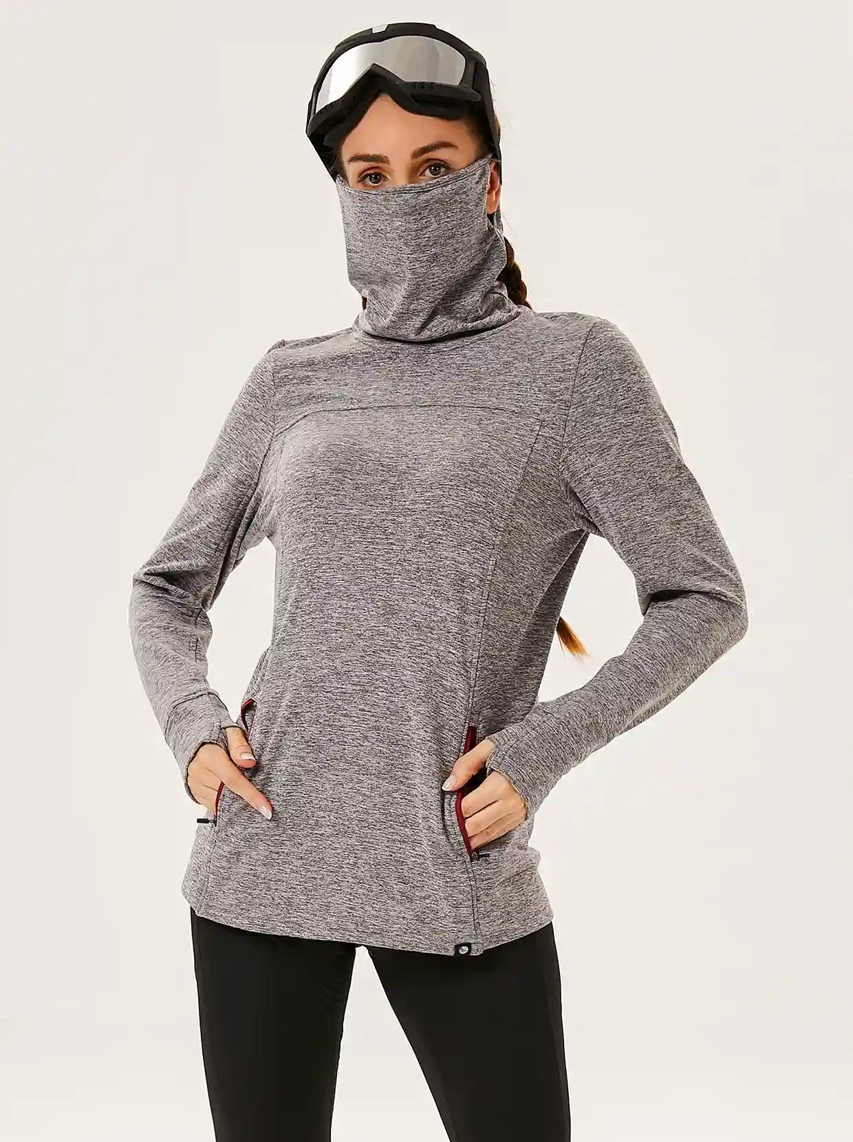 Cowl-neck Long-sleeve Fleece Top with Zip Pocket