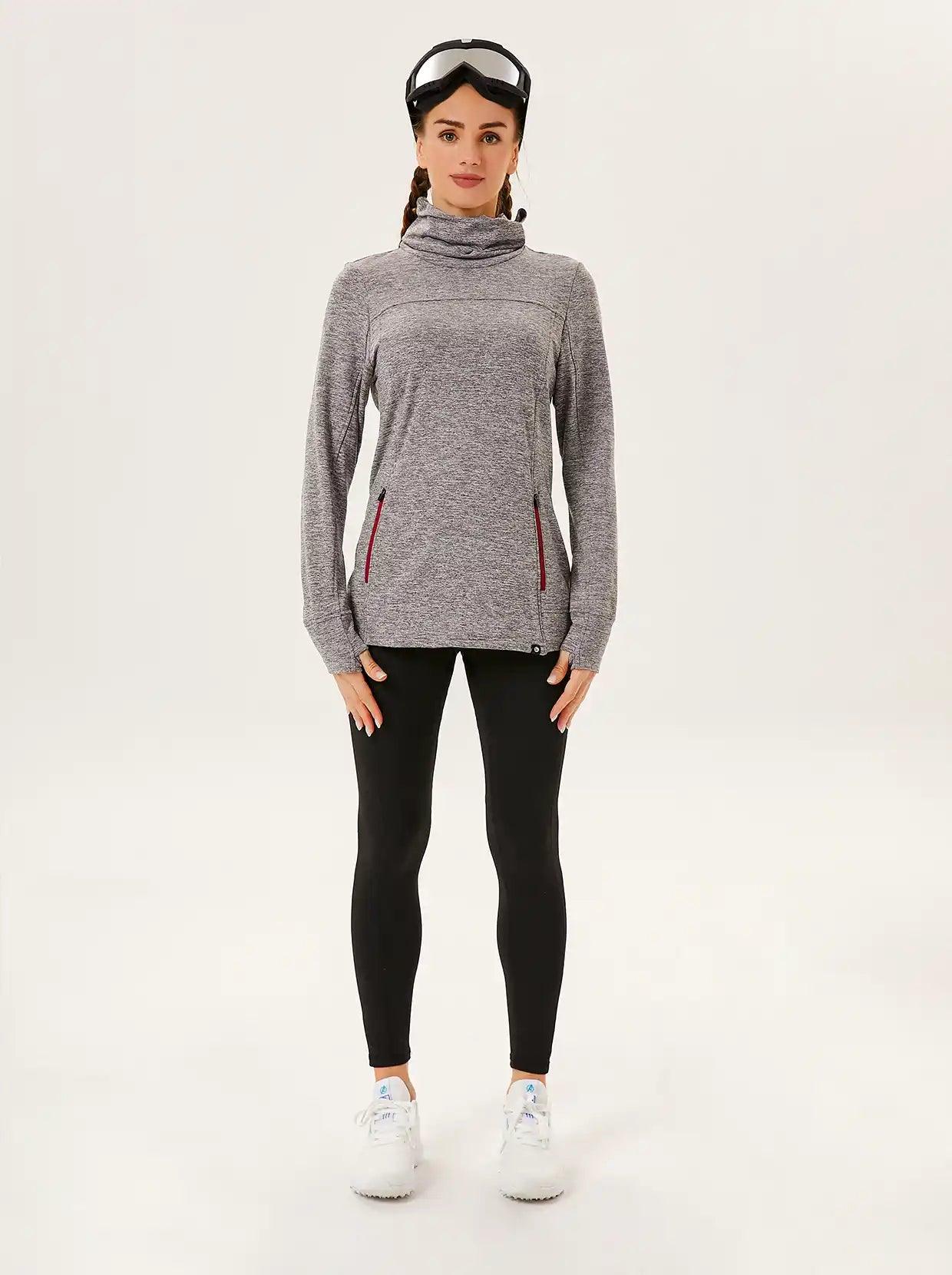 Cowl-neck Long-sleeve Fleece Top with Zip Pocket