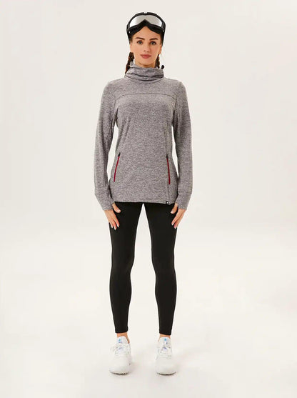 Cowl-neck Long-sleeve Fleece Top with Zip Pocket