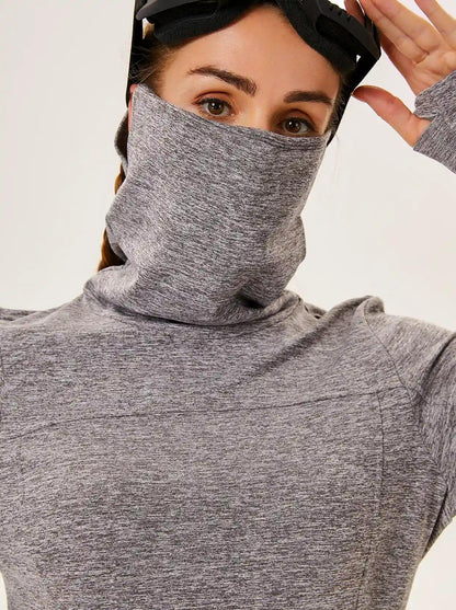 Women's Thermal-🌞SO® Grey Running Fleece Sweatshirts Cowl Neck Thermal Pullover Long Sleeve Shirt with Red Zip Pocket and Neck Gaiter Face Mask