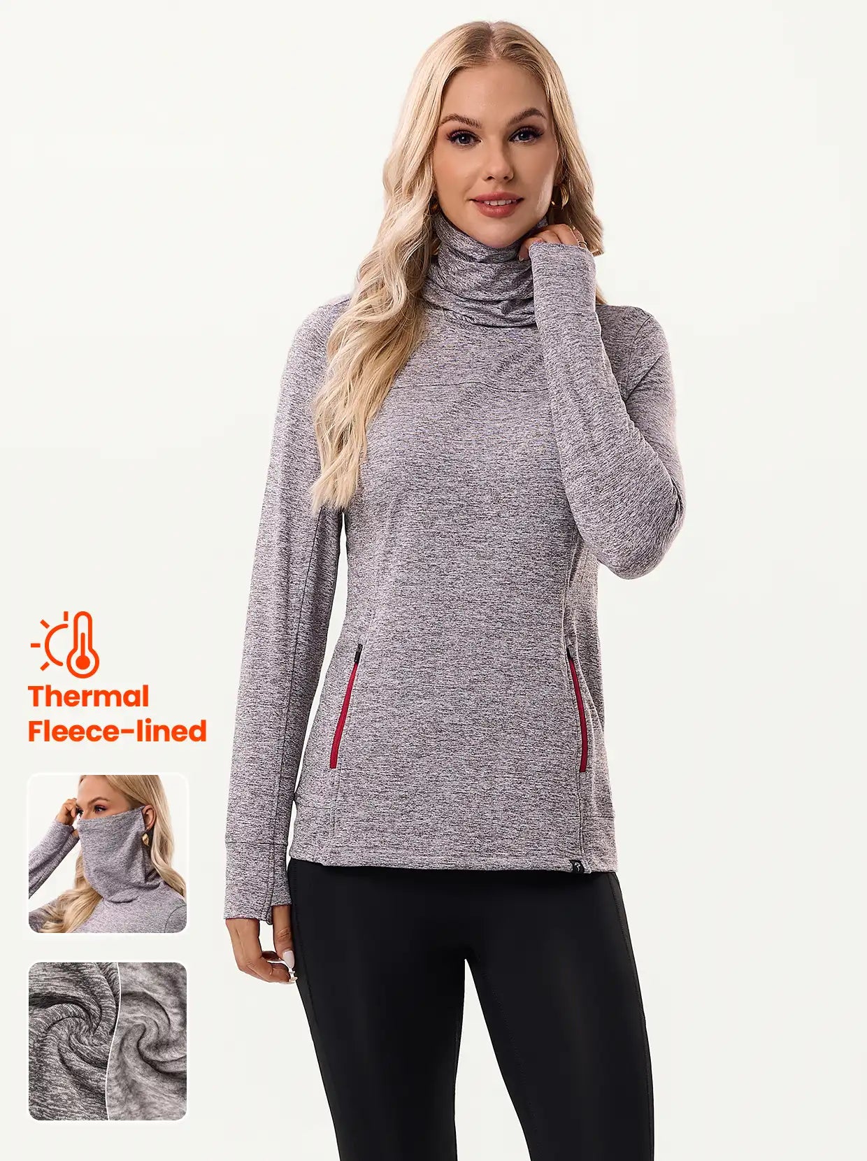Cowl-neck Long-sleeve Fleece Top with Zip Pocket