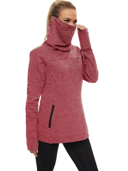 Cowl-neck Long-sleeve Fleece Top with Zip Pocket