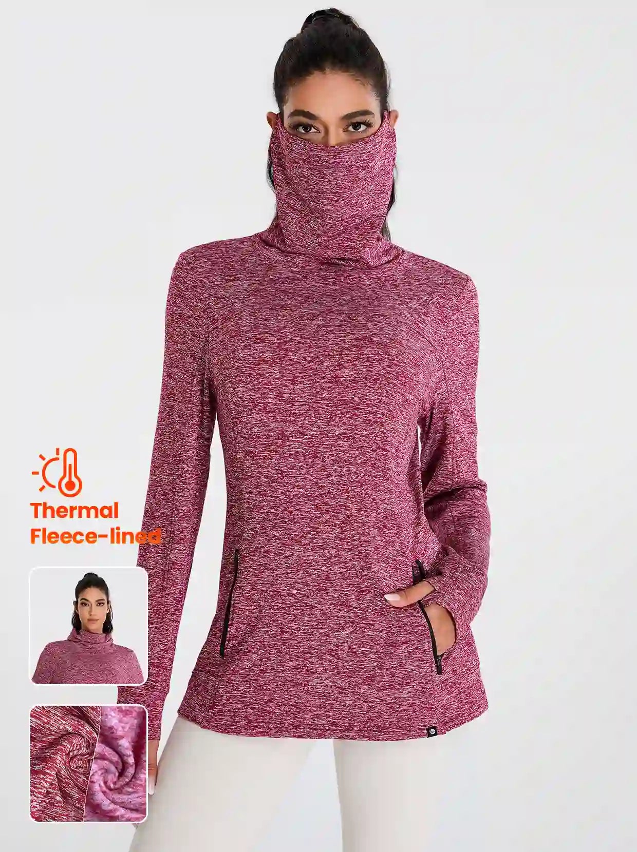 Cowl-neck Long-sleeve Fleece Top with Zip Pocket