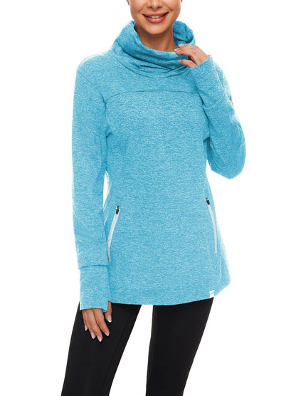 Women's Thermal-🌞SO® Light Blue Running Fleece Sweatshirts Cowl Neck Thermal Pullover Long Sleeve Shirt with White Zip Pocket and Neck Gaiter Face Mask