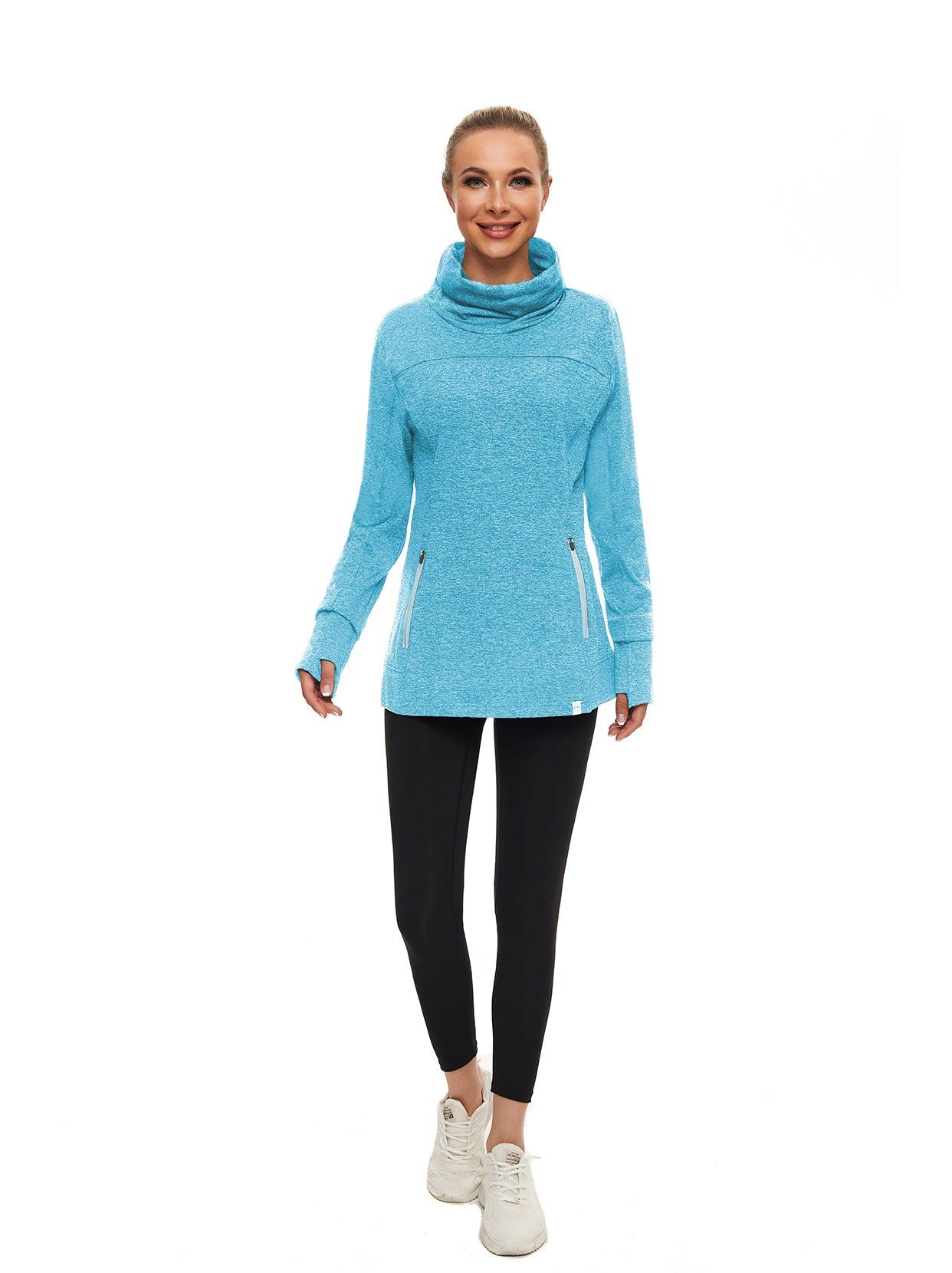 Women's Thermal-🌞SO® Light Blue Running Fleece Sweatshirts Cowl Neck Thermal Pullover Long Sleeve Shirt with White Zip Pocket and Neck Gaiter Face Mask