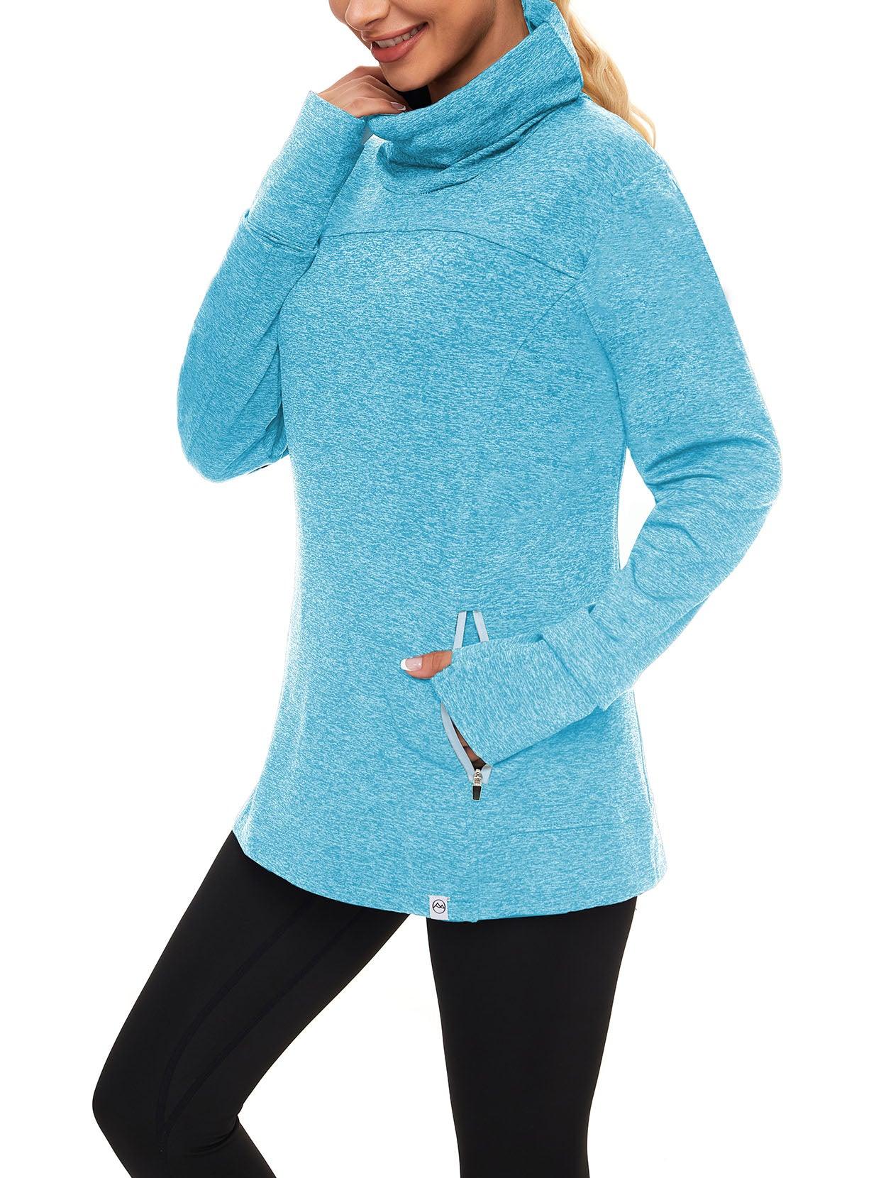 Women's Thermal-🌞SO® Light Blue Running Fleece Sweatshirts Cowl Neck Thermal Pullover Long Sleeve Shirt with White Zip Pocket and Neck Gaiter Face Mask