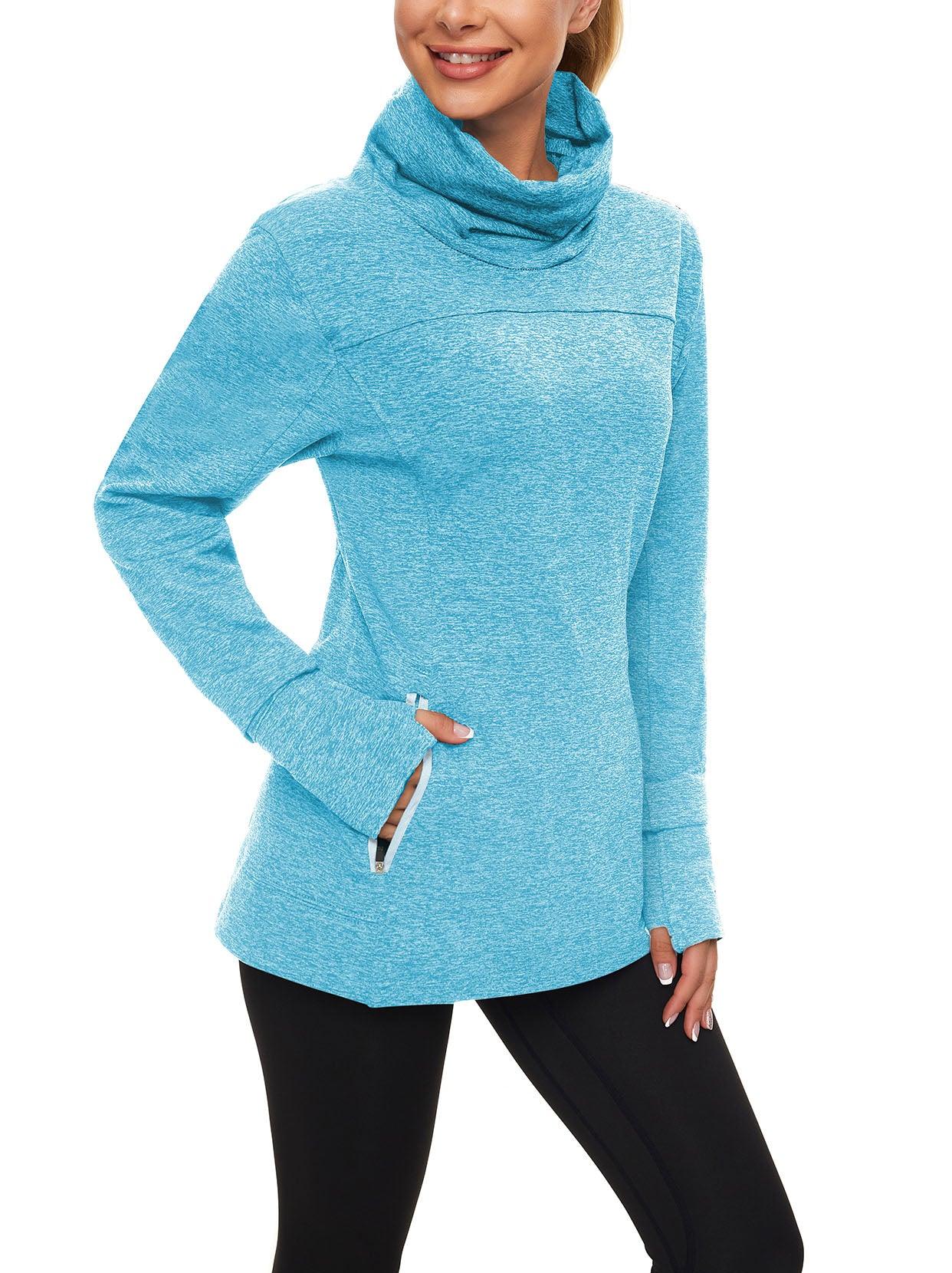 Women's Thermal-🌞SO® Light Blue Running Fleece Sweatshirts Cowl Neck Thermal Pullover Long Sleeve Shirt with White Zip Pocket and Neck Gaiter Face Mask