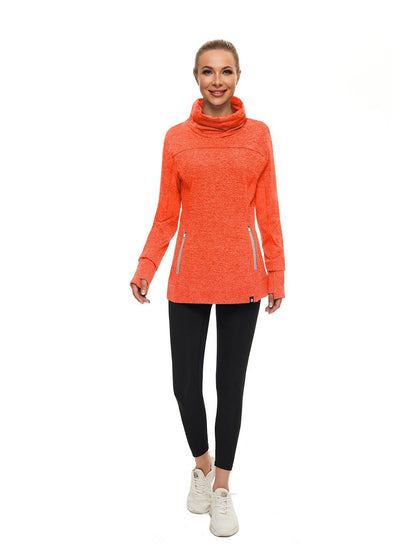 Women's Thermal-🌞SO® Orange Running Fleece Sweatshirts Cowl Neck Thermal Pullover Long Sleeve Shirt with Grey Zip Pocket and Neck Gaiter Face Mask