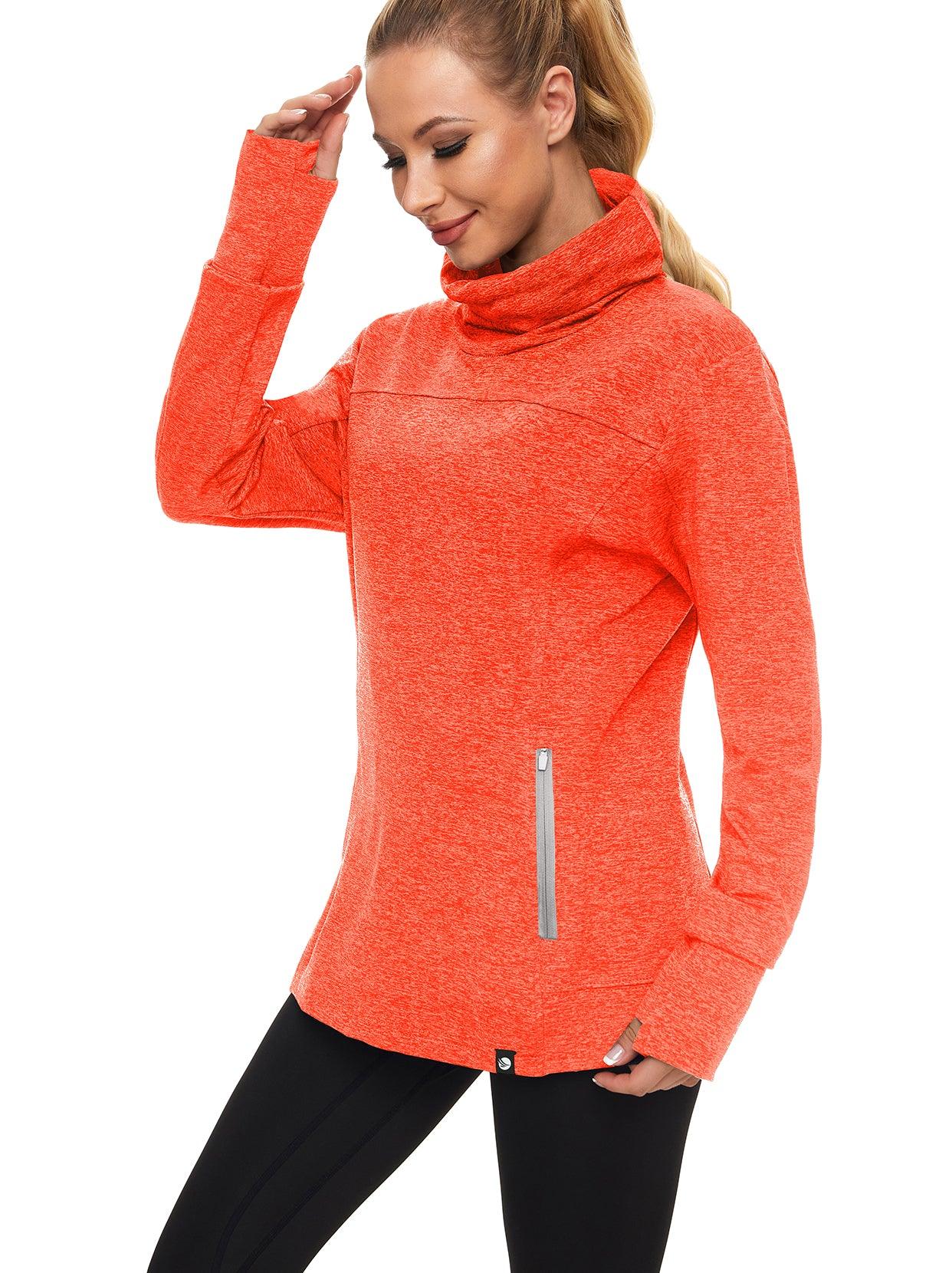 Women's Thermal-🌞SO® Orange Running Fleece Sweatshirts Cowl Neck Thermal Pullover Long Sleeve Shirt with Grey Zip Pocket and Neck Gaiter Face Mask