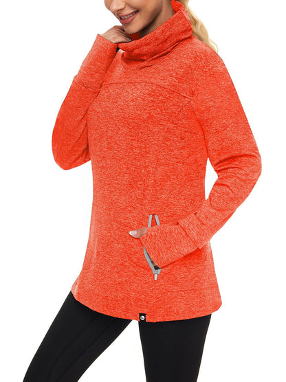 Women's Thermal-🌞SO® Orange Running Fleece Sweatshirts Cowl Neck Thermal Pullover Long Sleeve Shirt with Grey Zip Pocket and Neck Gaiter Face Mask