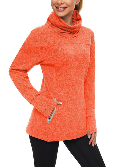 Women's Thermal-🌞SO® Orange Running Fleece Sweatshirts Cowl Neck Thermal Pullover Long Sleeve Shirt with Grey Zip Pocket and Neck Gaiter Face Mask