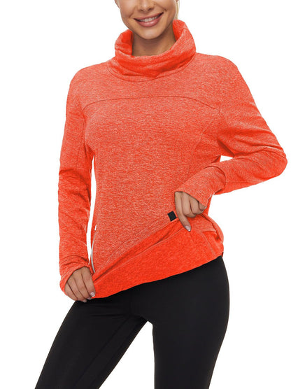 Women's Thermal-🌞SO® Orange Running Fleece Sweatshirts Cowl Neck Thermal Pullover Long Sleeve Shirt with Grey Zip Pocket and Neck Gaiter Face Mask