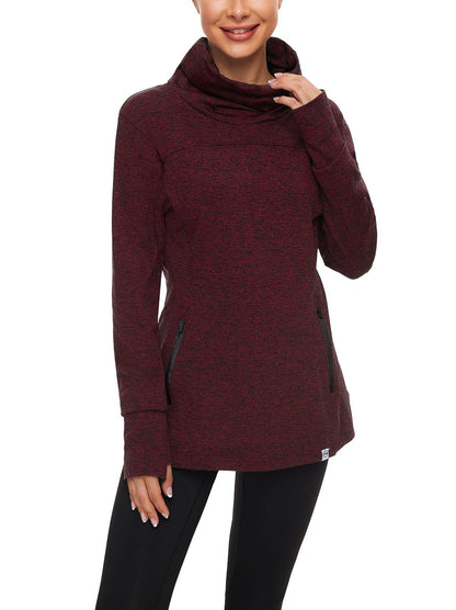 Women's Thermal-🌞SO® Red Running Fleece Sweatshirts Cowl Neck Thermal Pullover Long Sleeve Shirt with Black Zip Pocket and Neck Gaiter Face Mask