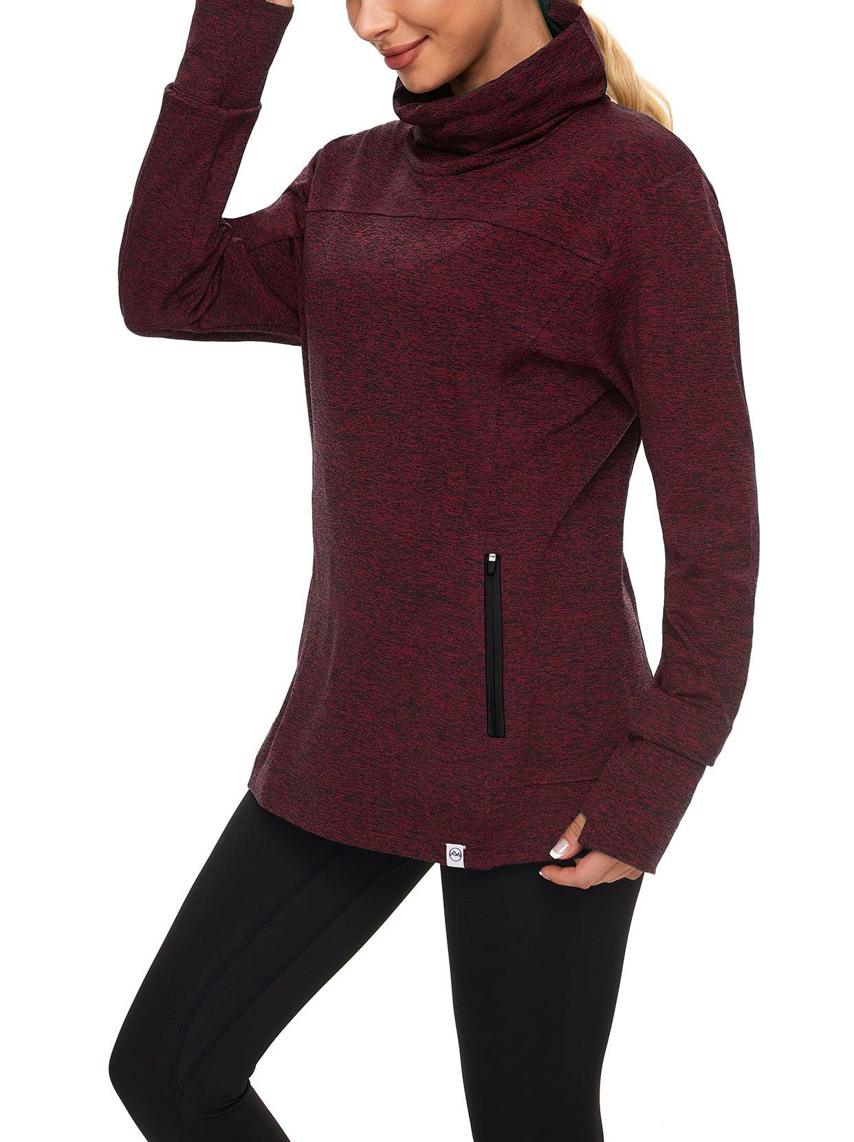 Women's Thermal-🌞SO® Red Running Fleece Sweatshirts Cowl Neck Thermal Pullover Long Sleeve Shirt with Black Zip Pocket and Neck Gaiter Face Mask