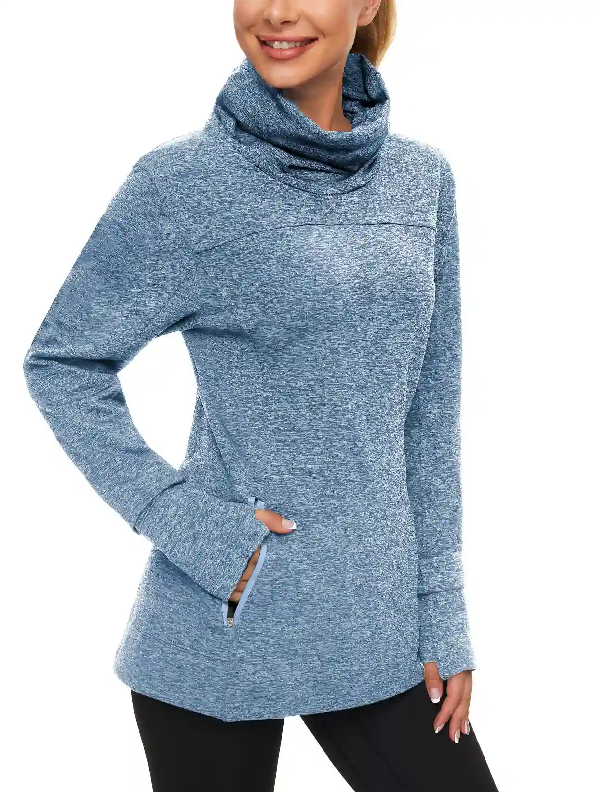 Cowl-neck Long-sleeve Fleece Top with Zip Pocket