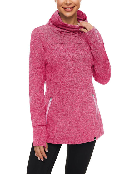 Women's Thermal-🌞SO® Rose Red Running Fleece Sweatshirts Cowl Neck Thermal Pullover Long Sleeve Shirt with White Zip Pocket and Neck Gaiter Face Mask