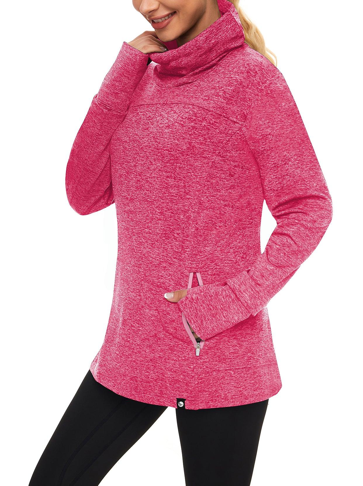 Women's Thermal-🌞SO® Rose Red Running Fleece Sweatshirts Cowl Neck Thermal Pullover Long Sleeve Shirt with White Zip Pocket and Neck Gaiter Face Mask