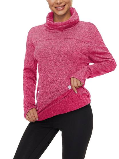 Women's Thermal-🌞SO® Rose Red Running Fleece Sweatshirts Cowl Neck Thermal Pullover Long Sleeve Shirt with White Zip Pocket and Neck Gaiter Face Mask