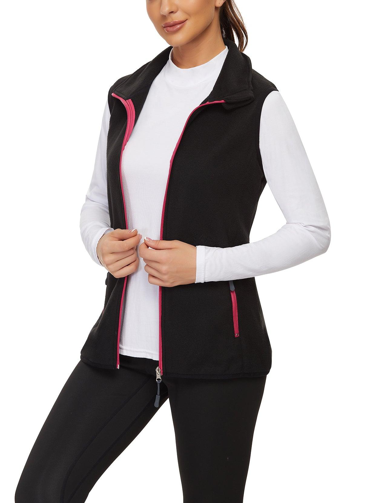 Ladies Sleeveless Jacket-🔥SO® Black with Rose Red Zipper Fleece Outdoor Short Running Vest Fleece Vest Riding Vest Softshell Vest Sleeveless Jacket Lightweight Elegant Windproof Warm with Zip for Running Hiking Winter