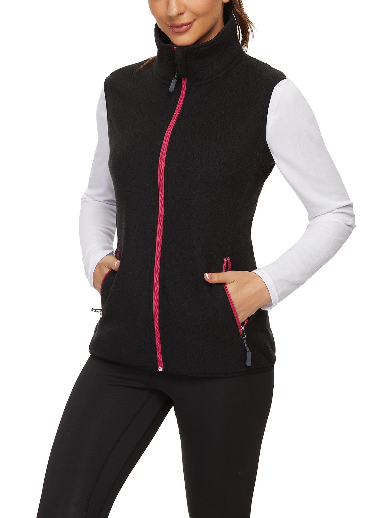 Ladies Sleeveless Jacket-🔥SO® Black with Rose Red Zipper Fleece Outdoor Short Running Vest Fleece Vest Riding Vest Softshell Vest Sleeveless Jacket Lightweight Elegant Windproof Warm with Zip for Running Hiking Winter