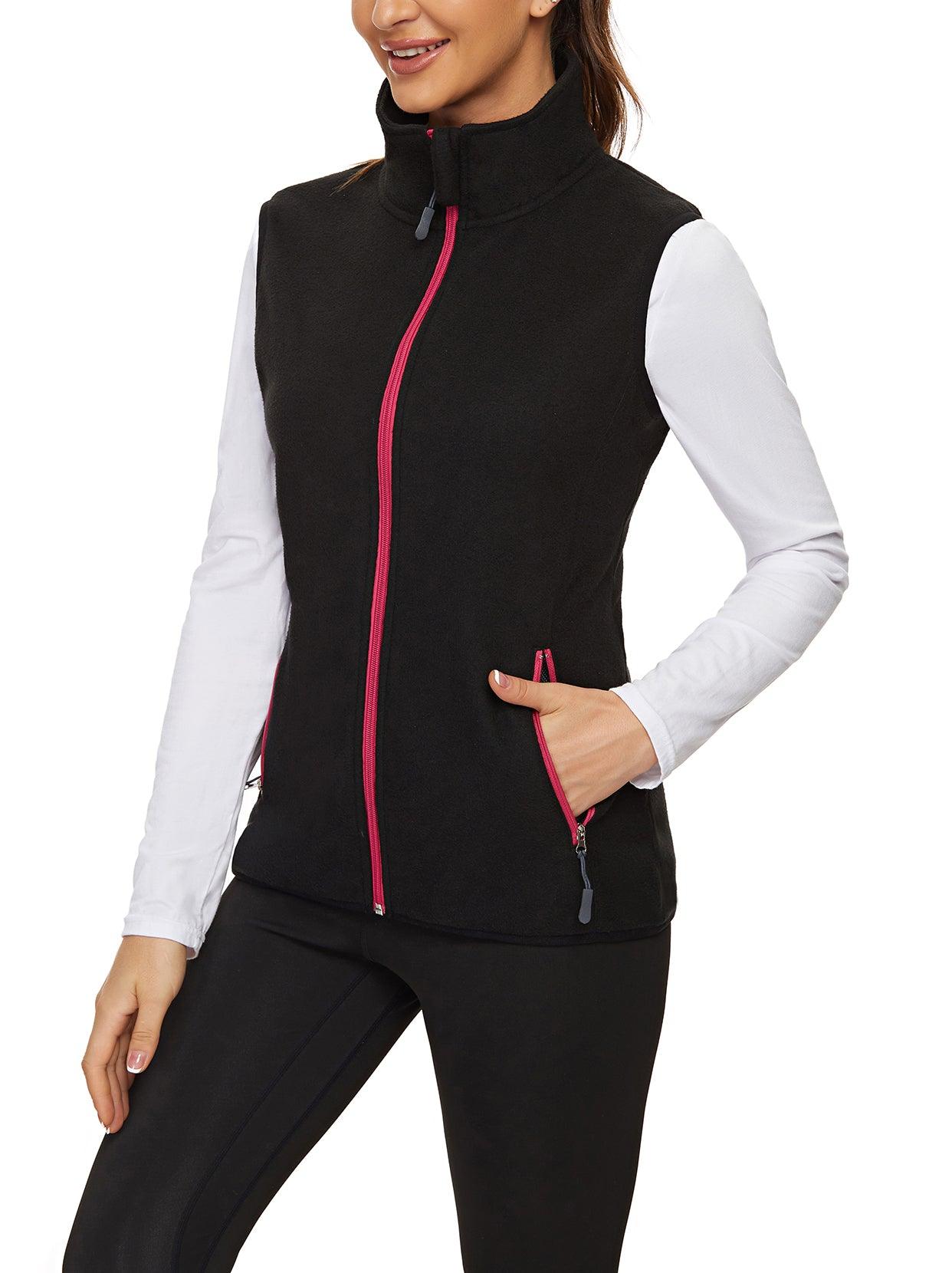 Ladies Sleeveless Jacket-🔥SO® Black with Rose Red Zipper Fleece Outdoor Short Running Vest Fleece Vest Riding Vest Softshell Vest Sleeveless Jacket Lightweight Elegant Windproof Warm with Zip for Running Hiking Winter