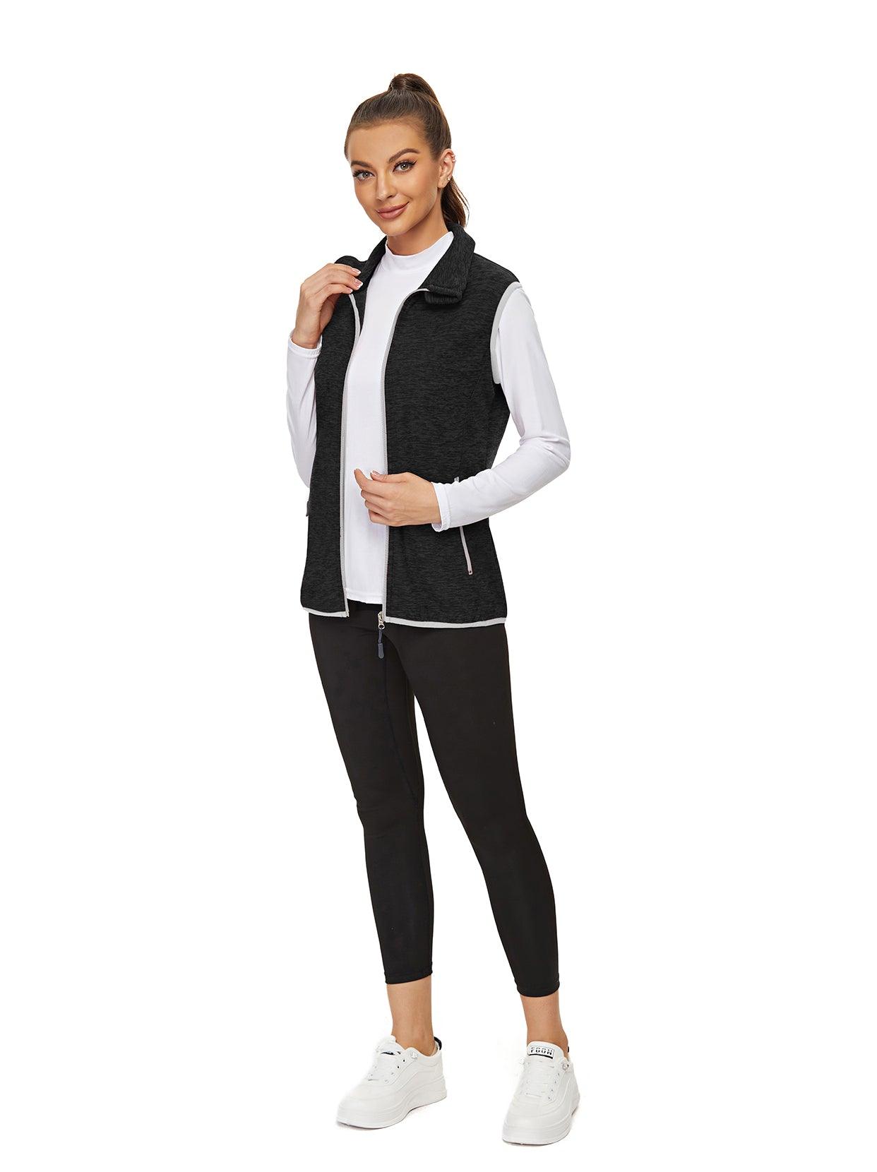 Ladies Sleeveless Jacket-🔥SO® Black Gray with Light Gray Zipper Fleece Outdoor Short Running Vest Fleece Vest Riding Vest Softshell Vest Sleeveless Jacket Lightweight Elegant Windproof Warm with Zip for Running Hiking Winter