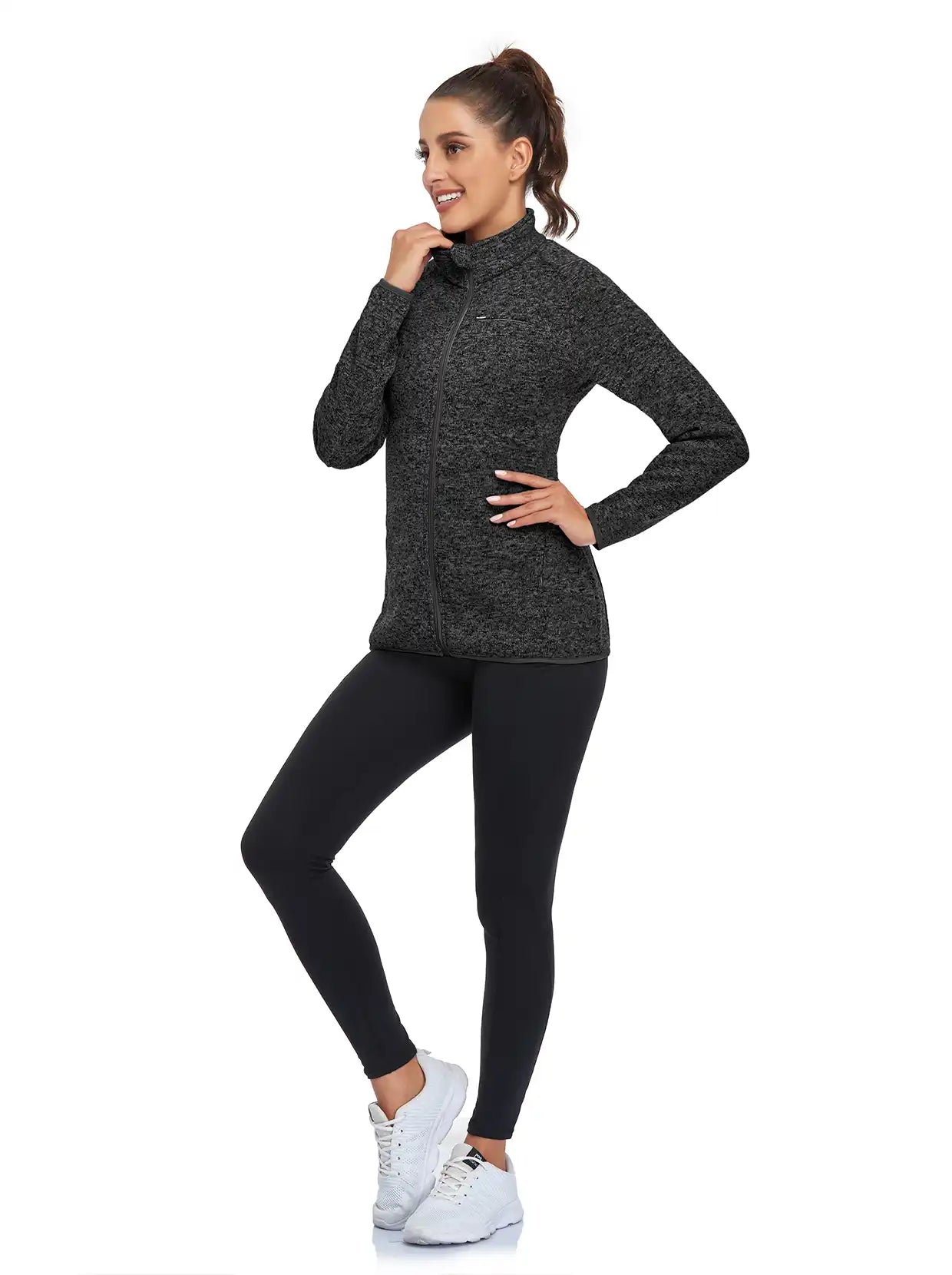 Heathered Black Full-zip Long-sleeve Fleece Jacket for Women