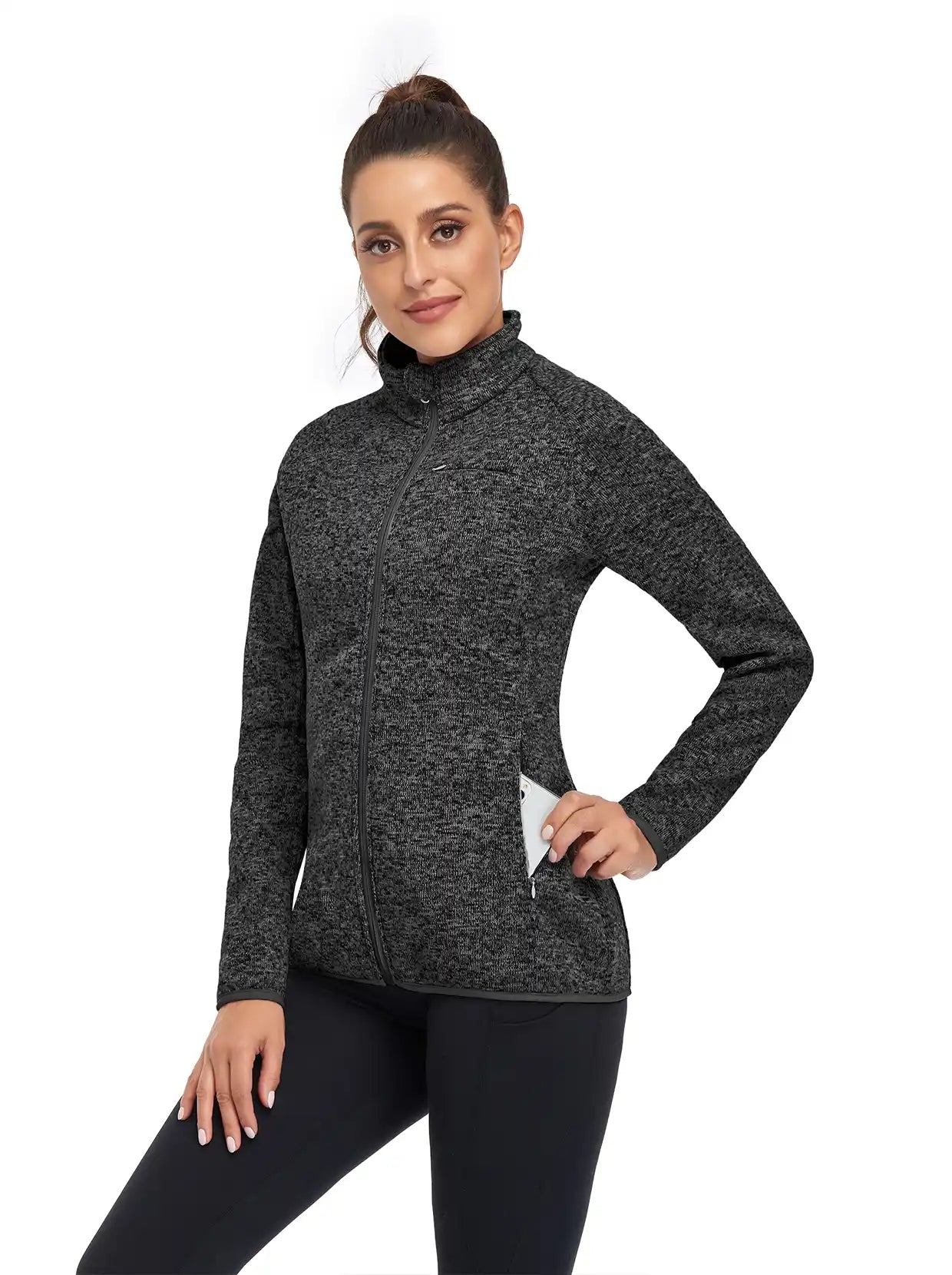 Heathered Black Full-zip Long-sleeve Fleece Jacket for Women