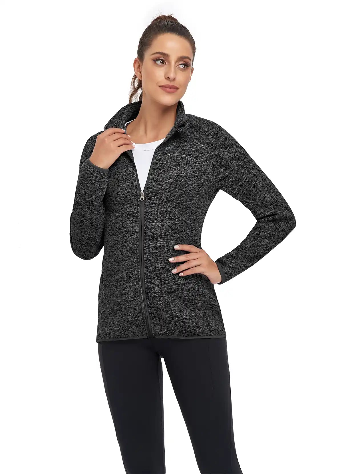 Heathered Black Full-zip Long-sleeve Fleece Jacket for Women