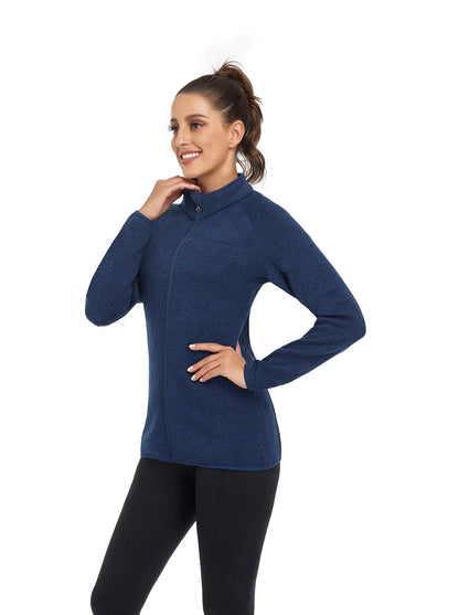 Solid Blue Full-zip Long-sleeve Fleece Jacket for Women