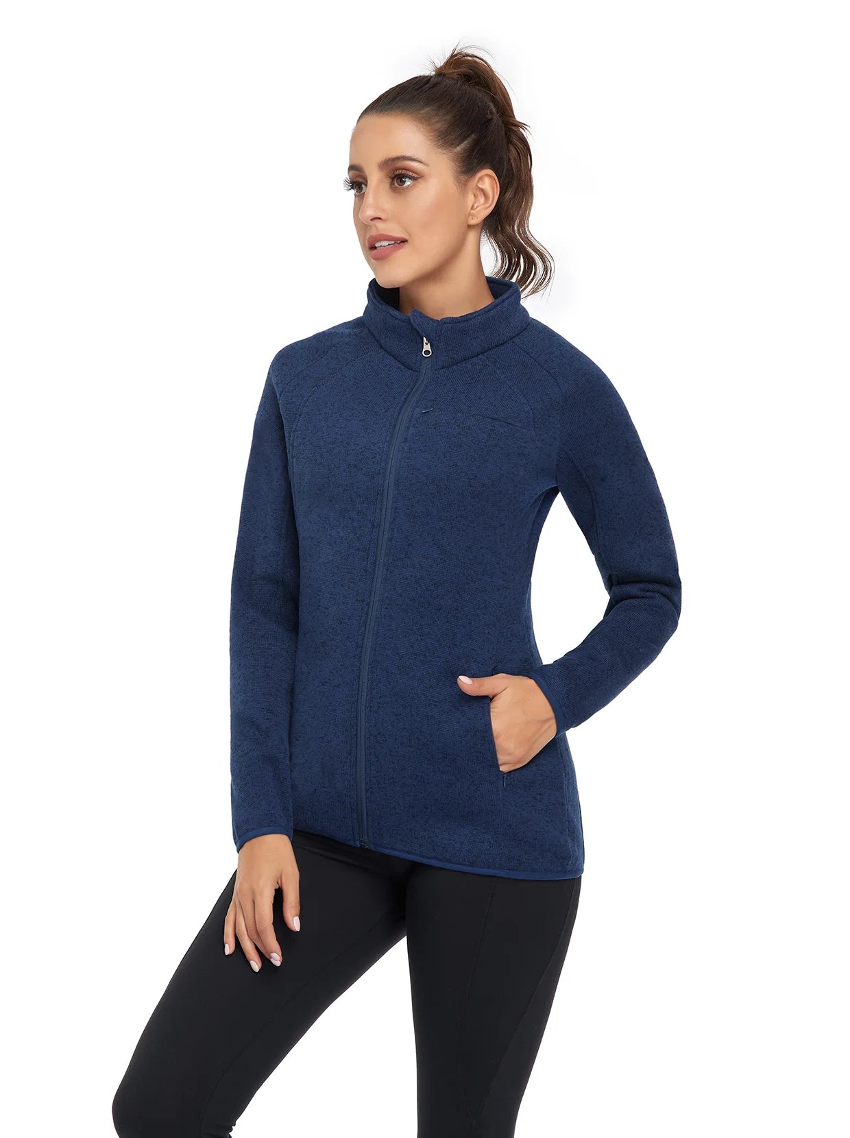 Solid Blue Full-zip Long-sleeve Fleece Jacket for Women