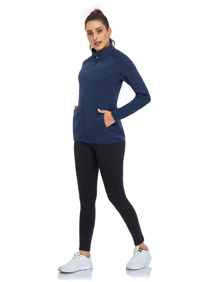 Solid Blue Full-zip Long-sleeve Fleece Jacket for Women